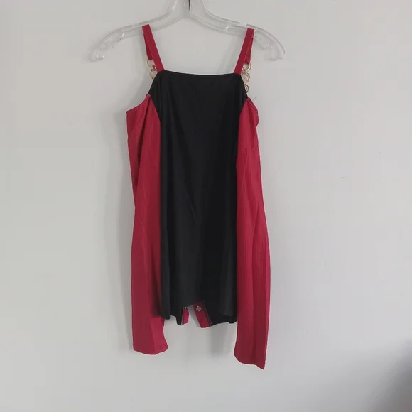 NWT Asymmetrical Chain Straps Burgundy Red Black Stretchy Cold Shoulders Top - Picture 3 of 5